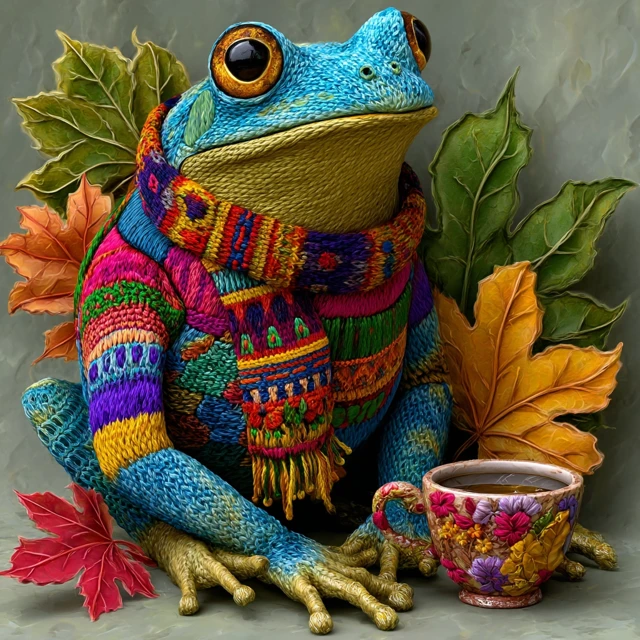 Embroidered Frog in Sweater and Scarf Illustration