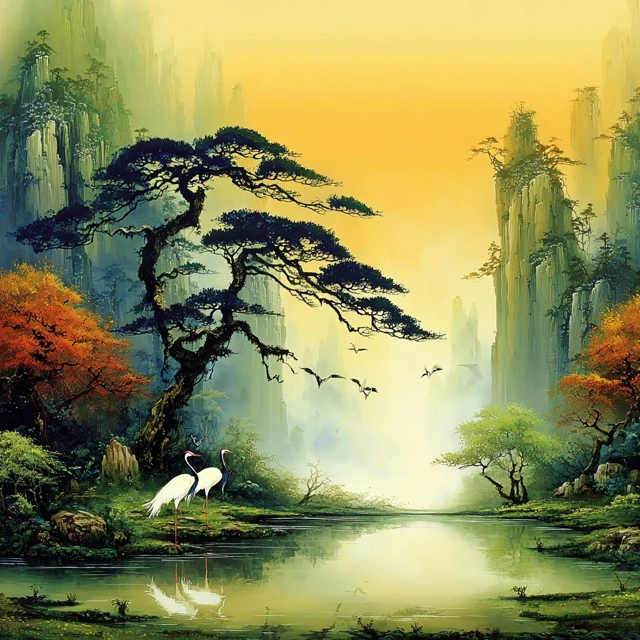 Roger Dean Inspired Landscape with Birds and Sunset