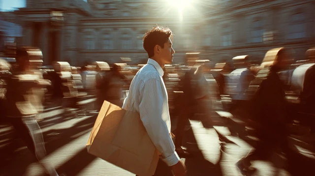 Asian Man in Crowd Carrying Gift Sunny Day