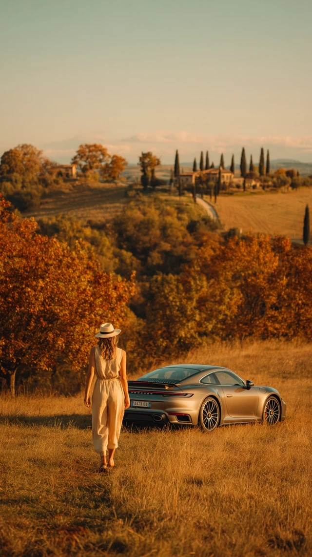 Tuscan Autumn Scene: Woman, Porsche, and Beautiful Landscape