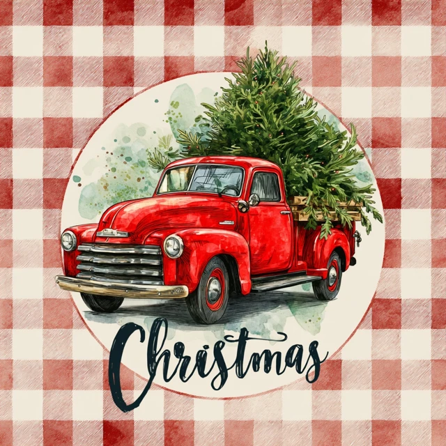 Christmas Vintage Red Truck Watercolor Art