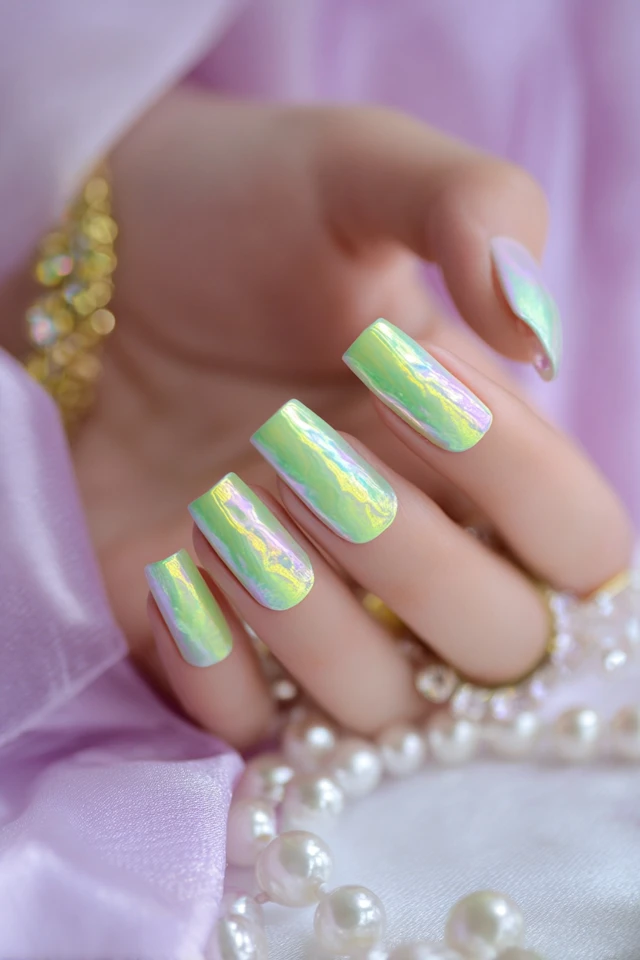 Luxury Light Green and Yellow Holographic Nail Art