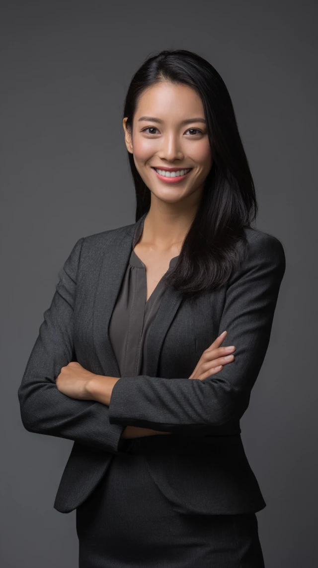 Professional Asian Woman Smiling in Office Suit
