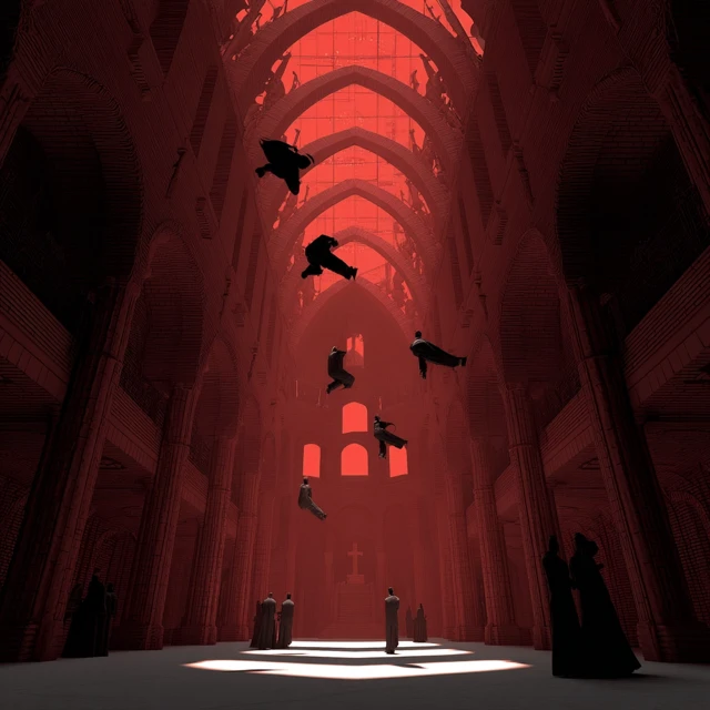 Red Lit Church Interior People Flying