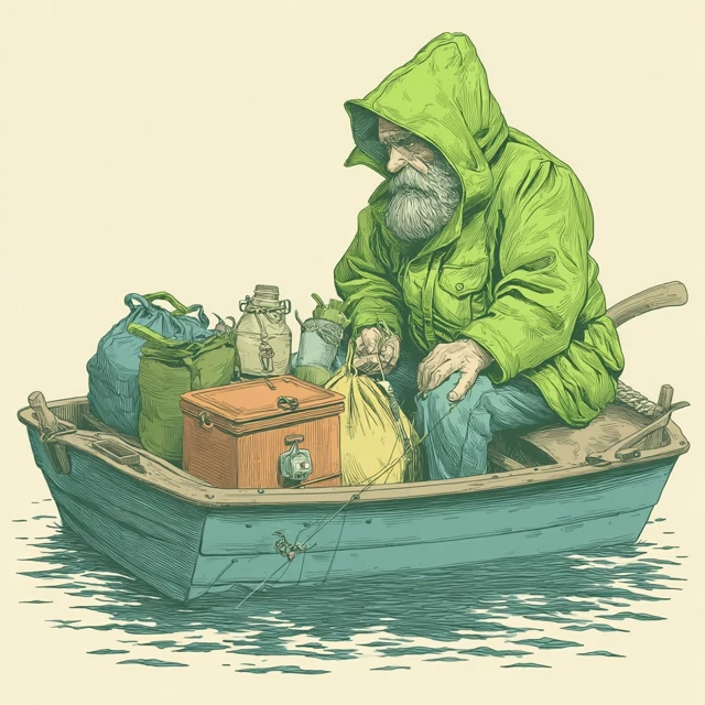 Old Fisherman in Rowboat Fishing for the Day