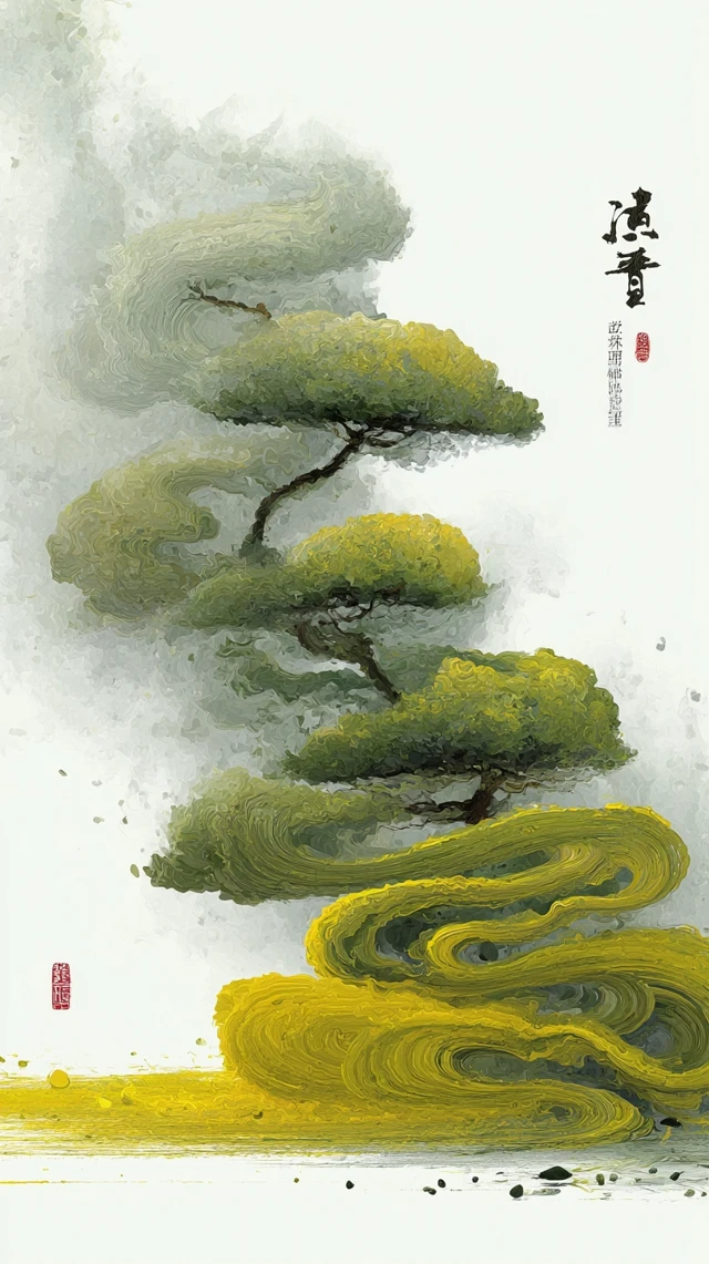 Zen Monk and Pine Tree Ink Painting Illustration