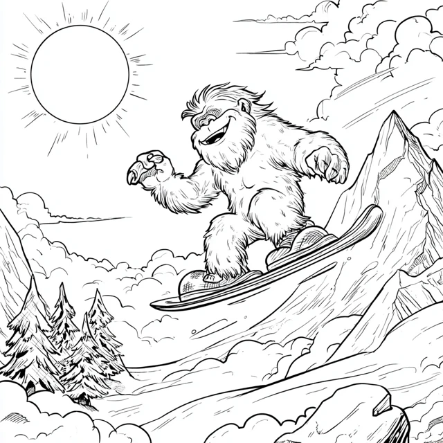 Yeti Snowboarding Coloring Page For Kids