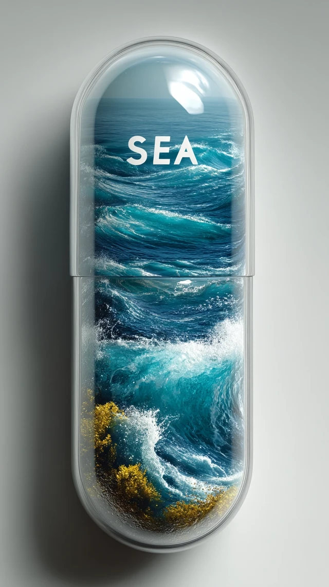 Vitamin C Capsule with Ocean Waves Sea Inside