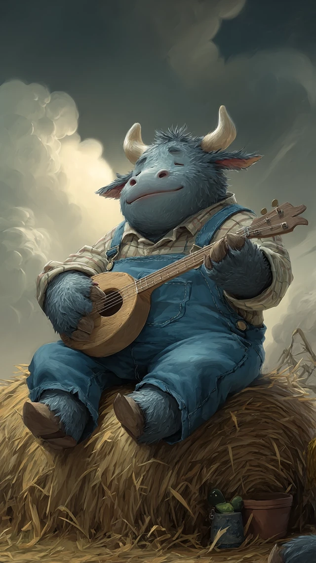 Cute Bull Plays Guitar on Haystack Illustration