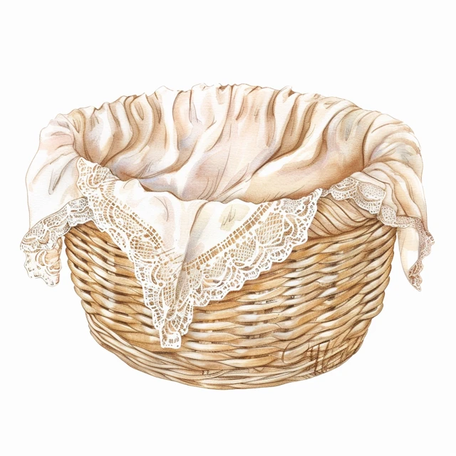 Wicker Basket with Lace Illustration Watercolor Style