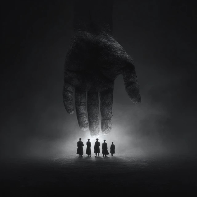 Shadowy Figures on a Giant Hand Fantasy Art