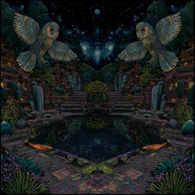 Owl Mosaic Night Koi Pond Zen Garden Artwork