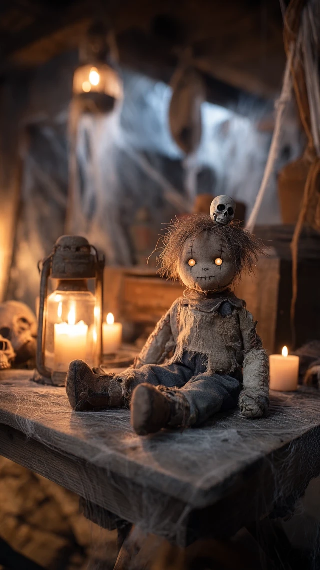 Creepy Doll and Skulls Halloween Scene