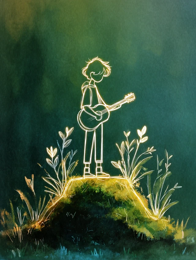 Boy Plays Guitar on a Stump in Forest Illustration