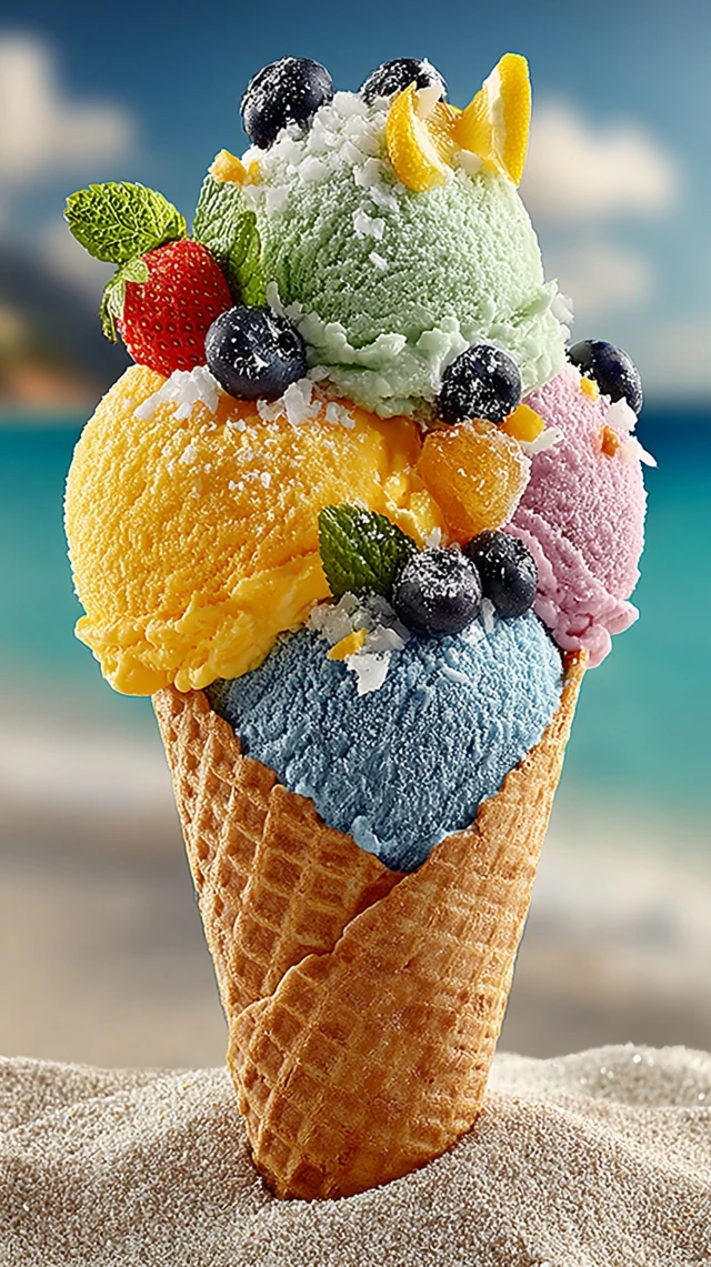 Colorful Ice Cream Cone on the Beach Summer Dessert