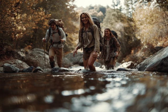 Teens Hiking Creek Autumn Adventure Film