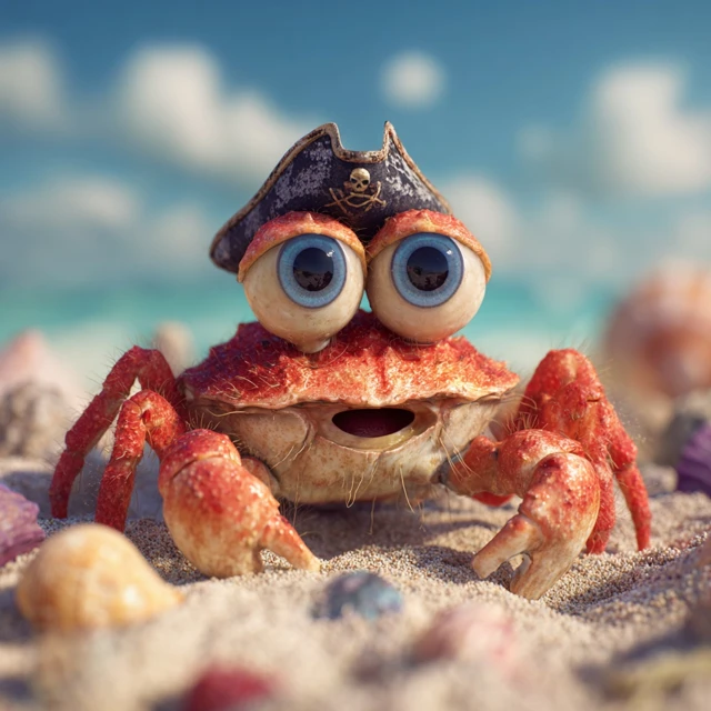 Cute Pirate Crab Smiling on the Beach 3D Illustration