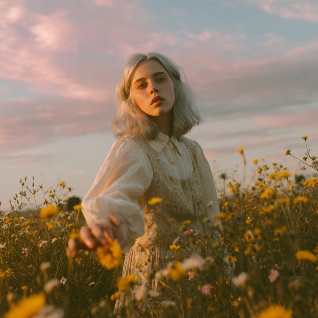 Editorial Model in Field Golden Hour Photography