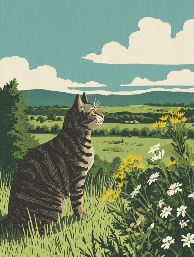 Tabby Cat in Italian Countryside Illustration