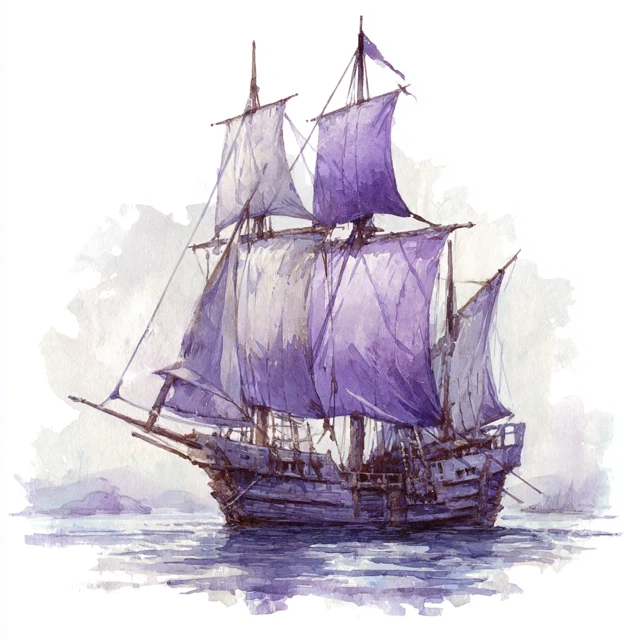 Fantasy Art Sloop at Sea White and Purple Sails