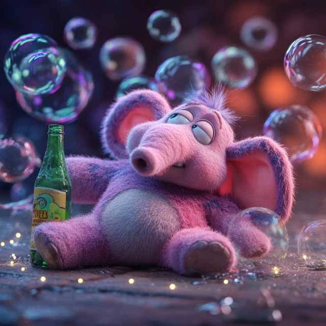 Cartoon Pink Elephant Holding a Bottle in a Cute Way