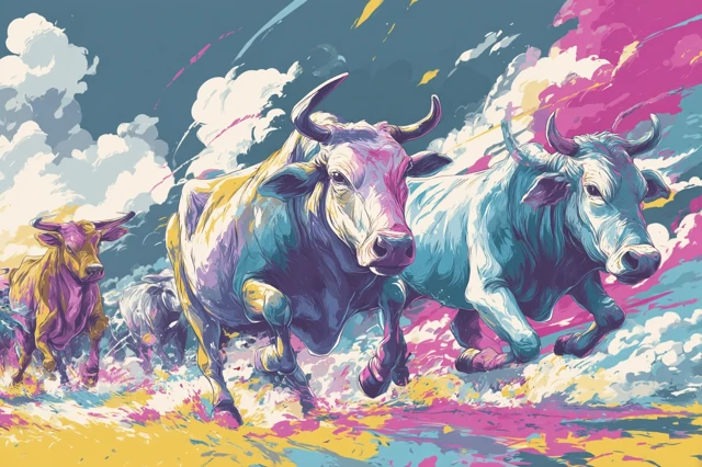 Colorful Cartoon Cows Running Abstract Illustration