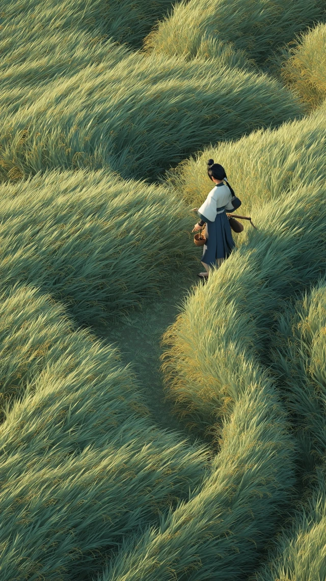 Ancient Farmer Strolling Rice Field 3D Illustration