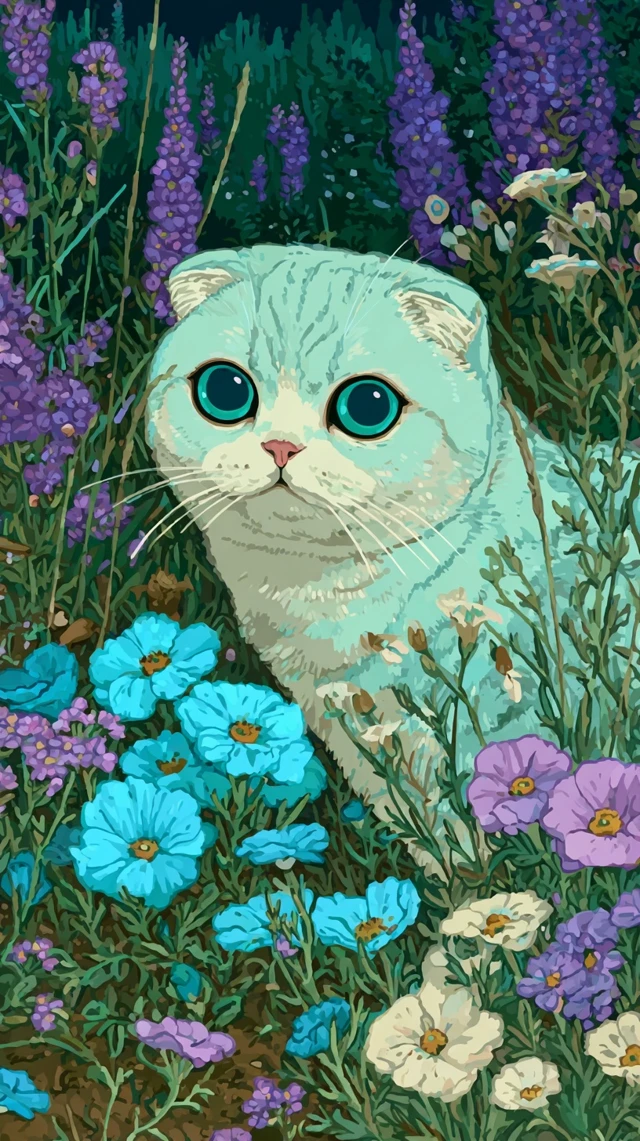 Cat in Flowers Pastel Neon Art