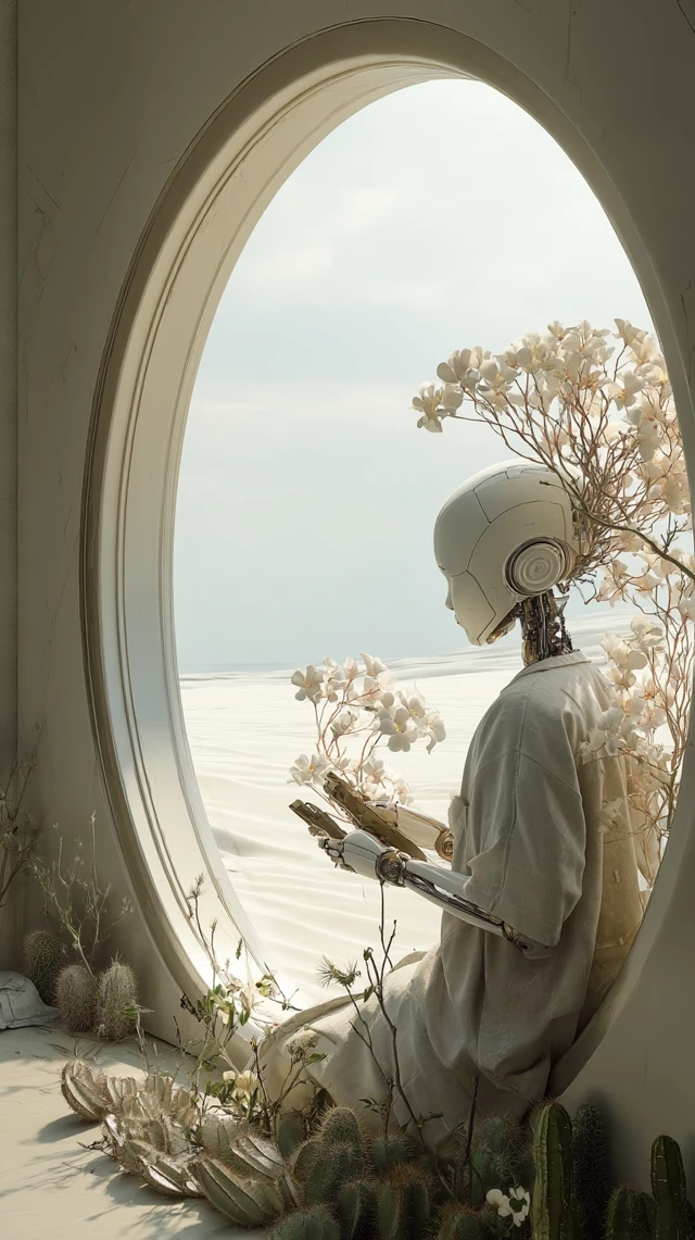SciFi Robot Researching Alien Plant Minimalist Room