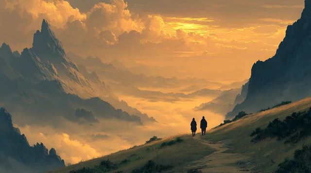 Misty Mountains Sunset: Contemplative Scene