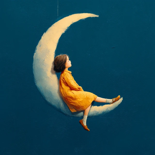 Girl on the Moon Peaceful and Beautiful Illustration