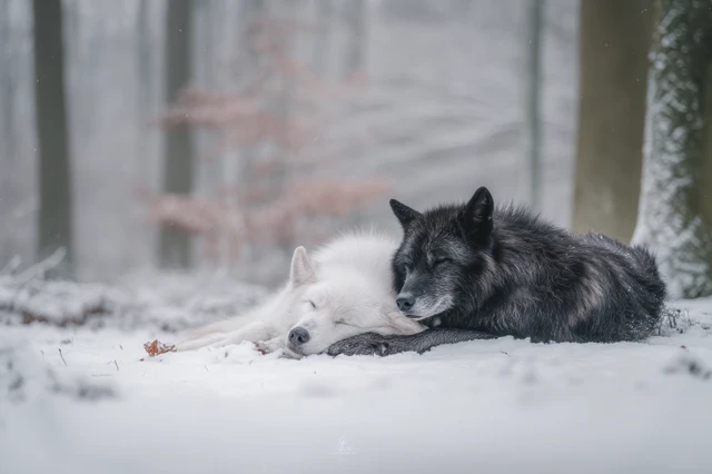 Black and White Wolves Sleeping in the Snow