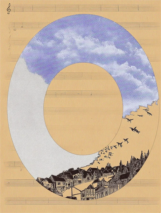 Musical Score with Futurist City Clouds and Birds