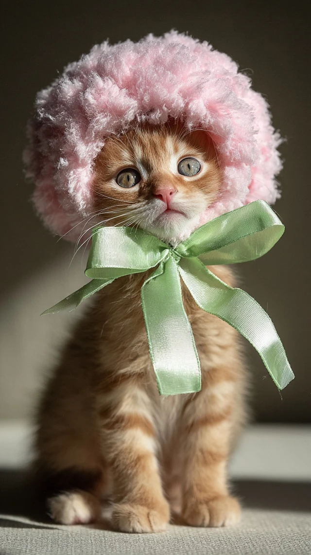 Cute Kitten in Pink Bonnet Adorable Tabby Cat Photo