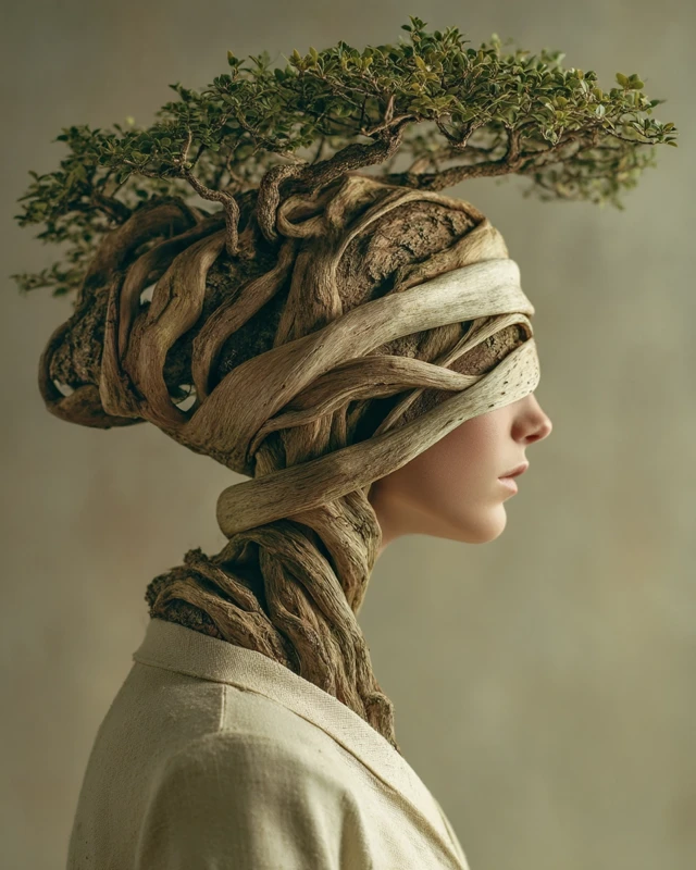 Woman with Bonsai Tree Surreal Photo Realistic Art