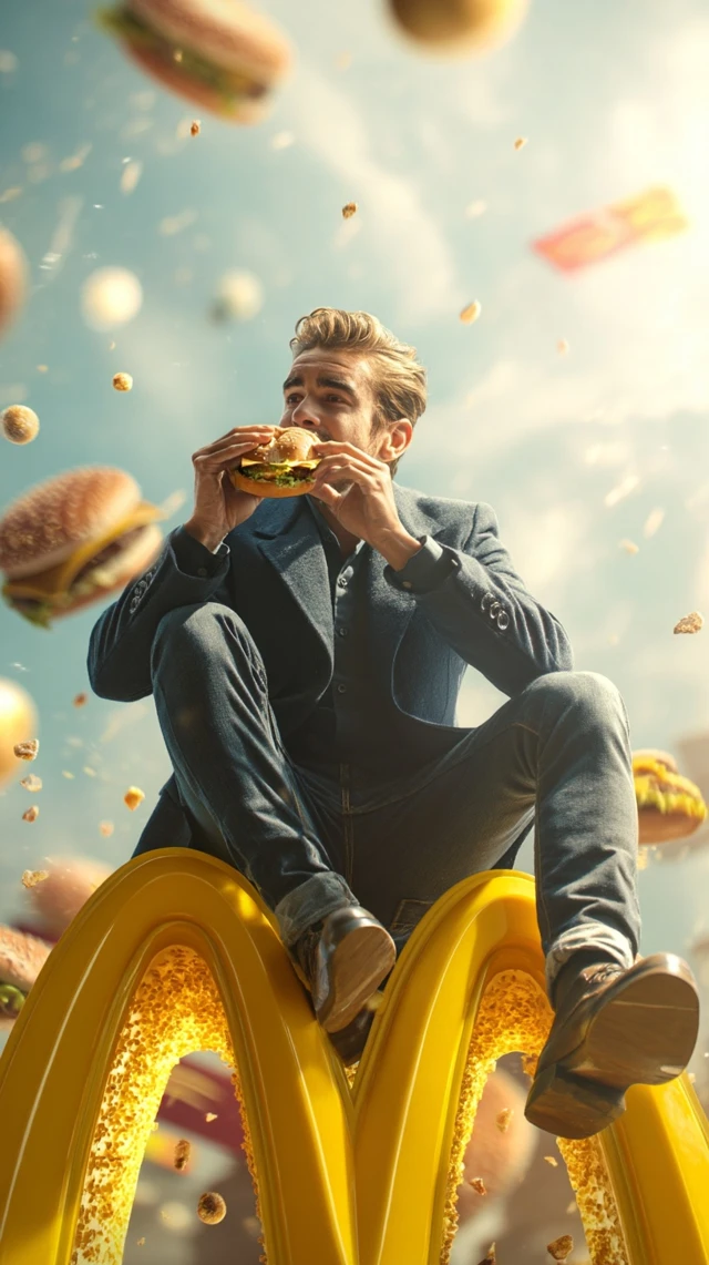Surreal McDonald''s Scene Man Eating Burger