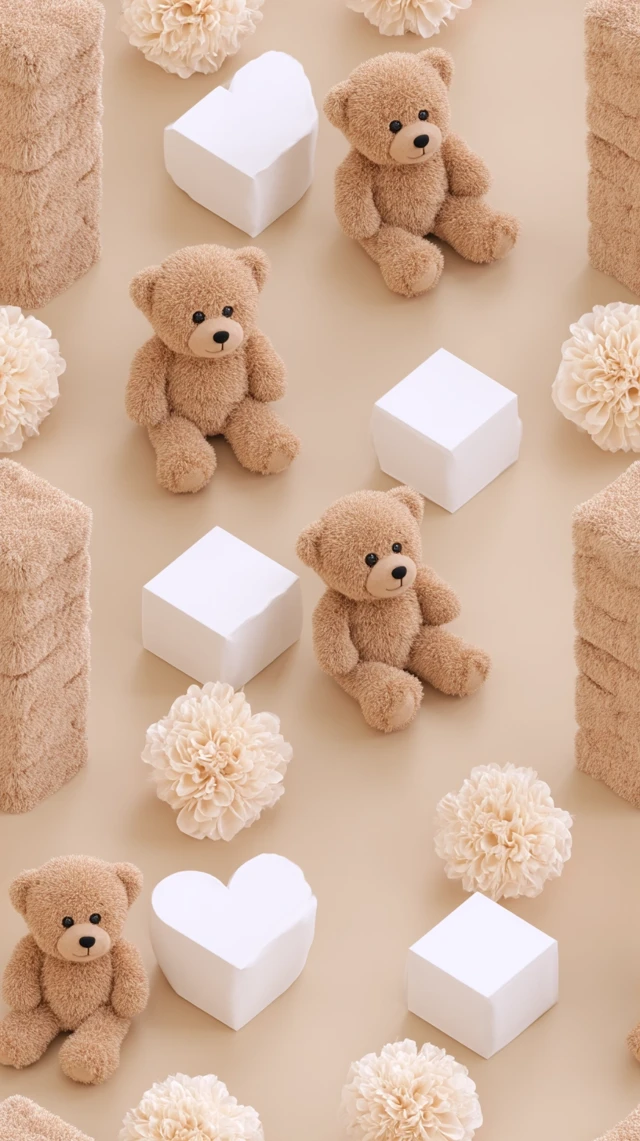 Cute Teddy Bear Pattern 3D Render Wallpaper Design