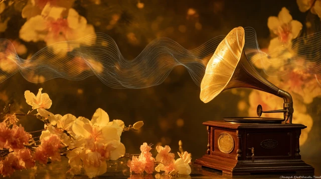 Nostalgic Gramophone Romantic Music and Flowers