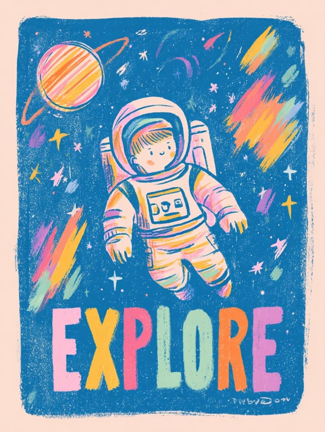 Astronaut Boy in Space Explore Gouache Illustration