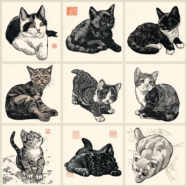 Woodblock Print Kittens Ten Adorable Illustrations