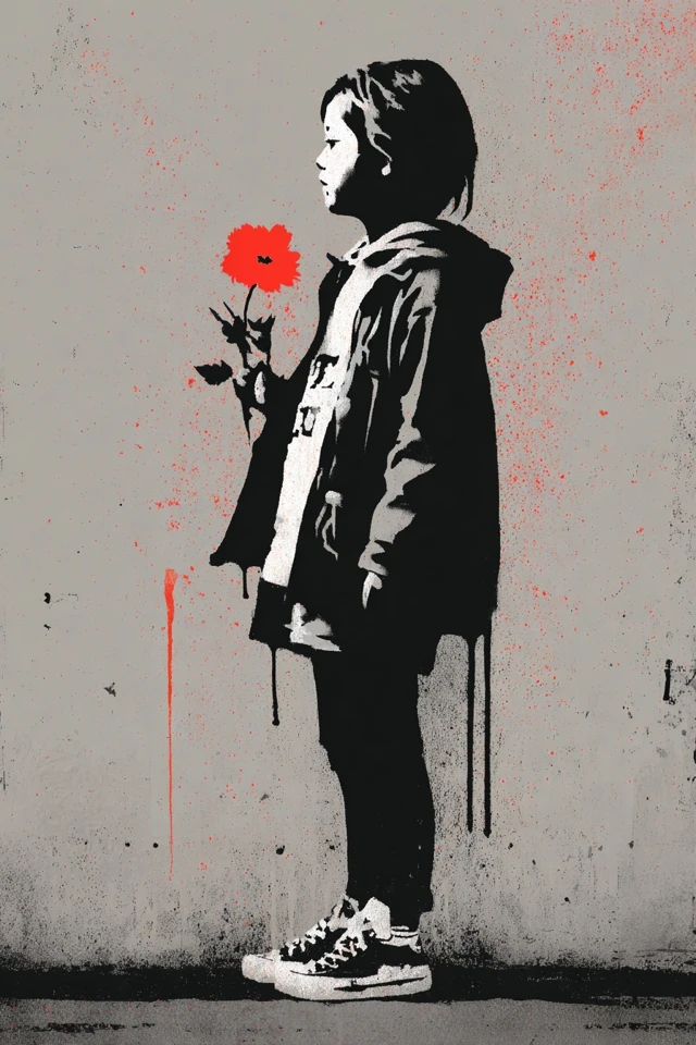 Banksy Inspired Girl with Red Flower Art