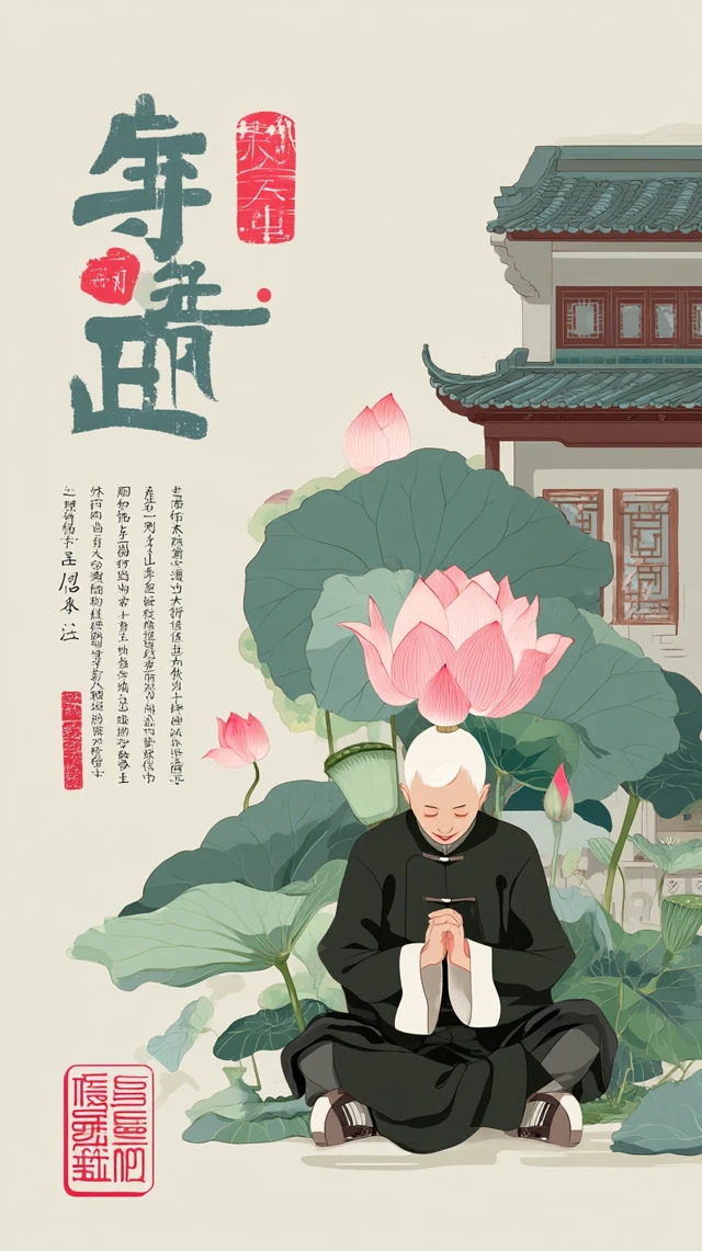 Chinese Art: Meditating Elder and Lotus Flowers