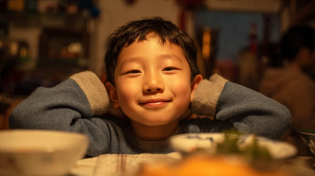 Warm Scene of a Chinese Boy at the Dining Table