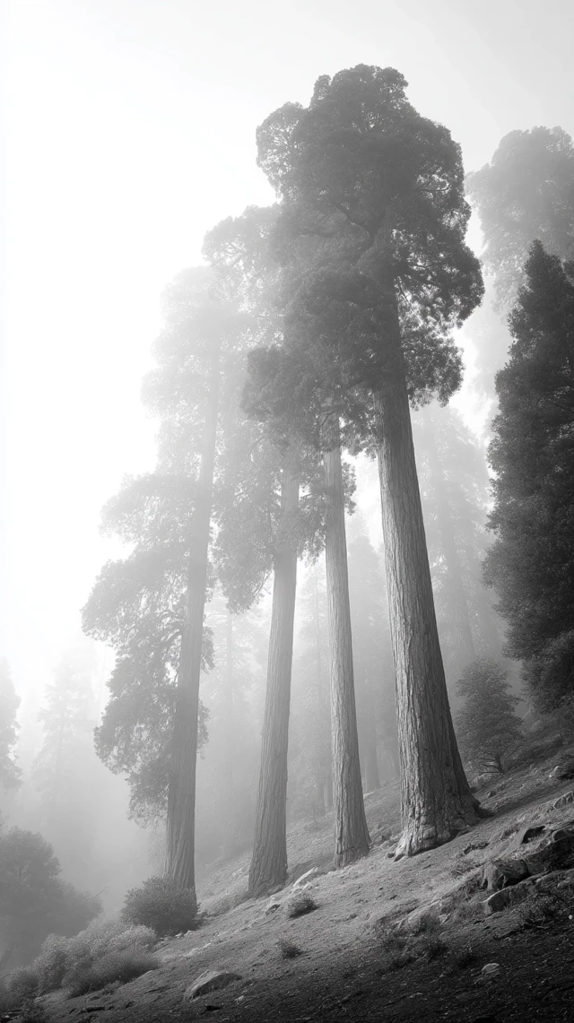 Foggy Sequoia Forest: Eerie Black and White Photography