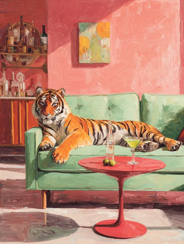 Tiger Lounging in Retro Interior