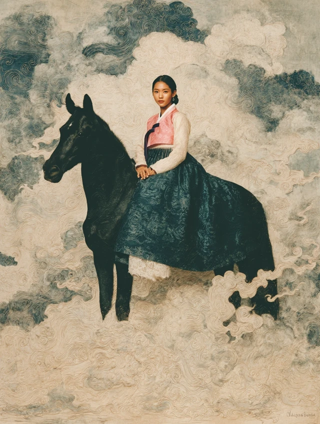 Korean Woman on Horse in Hanbok Stormy Sky