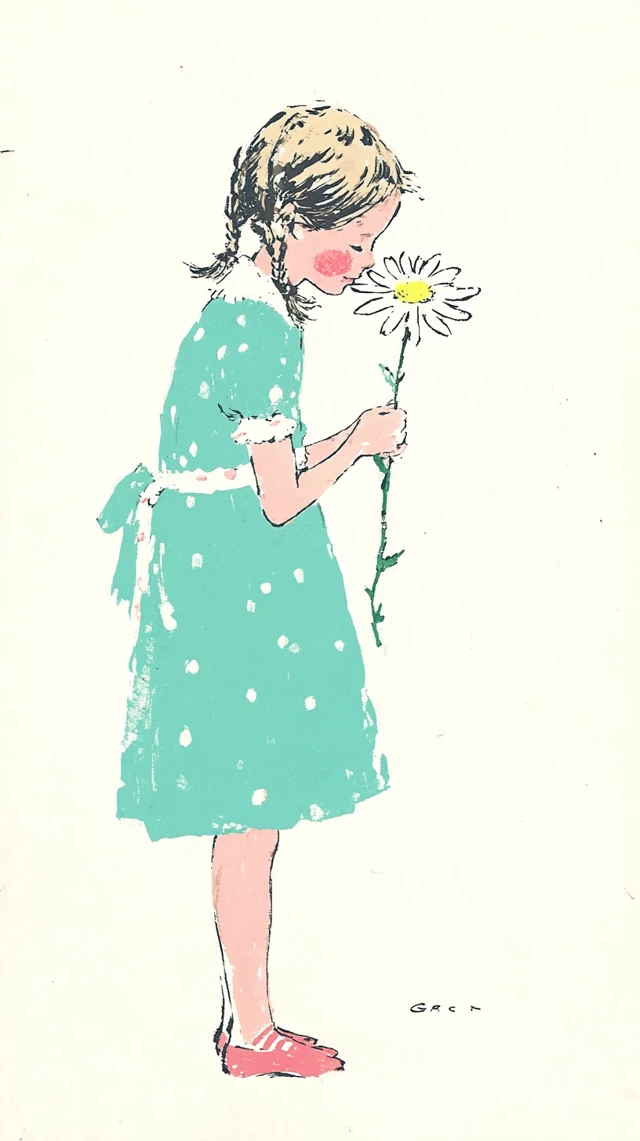 Vintage Girl Smelling Daisy Illustration