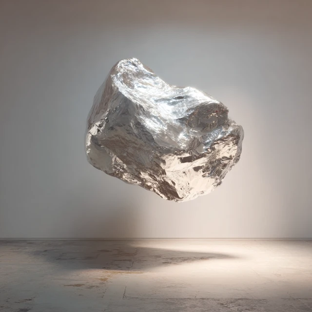 Floating Metallic Blob in Gallery Space Hyper Realistic Photo