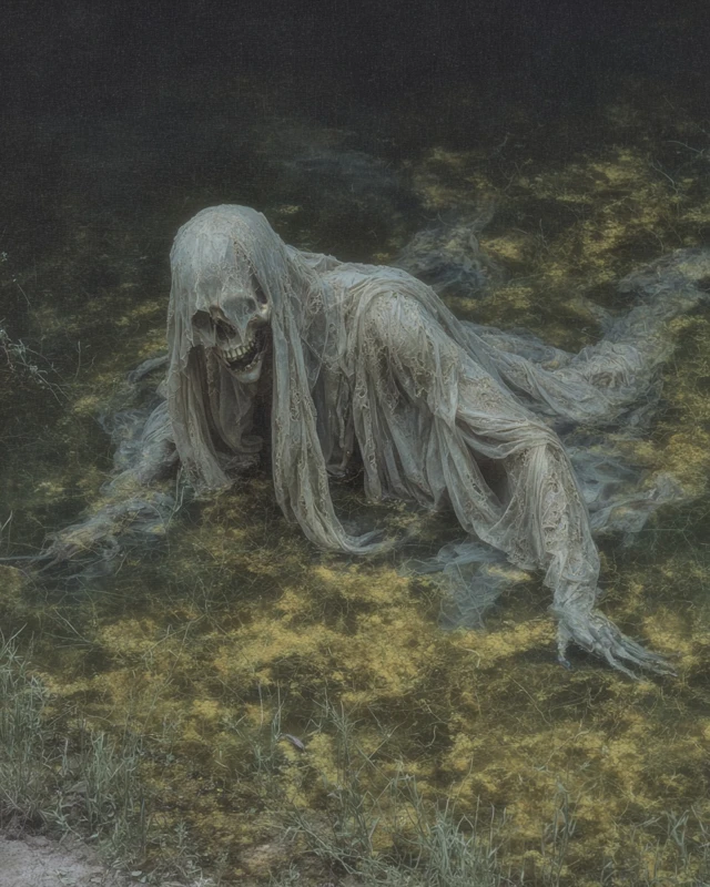 Eerie Skeleton in Water Chiaroscuro Painting