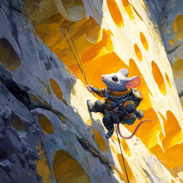Courageous Mouse Rappelling Down Swiss Cheese